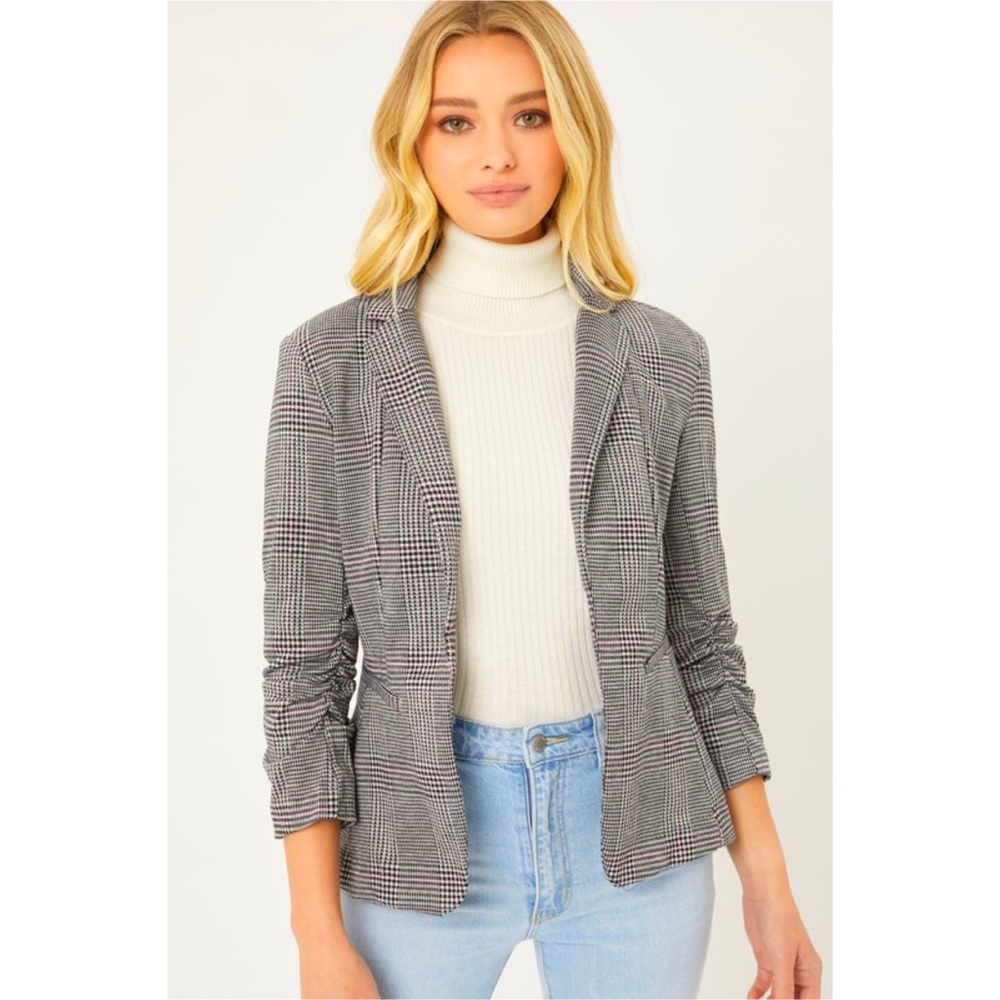 Gray Plaid Blazer with Pink Black and White Lines